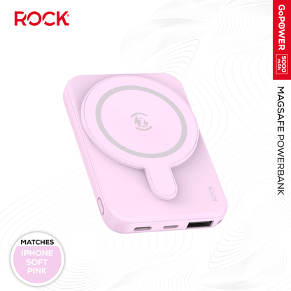 Rock Go Power Soft Pink 5000mAh Magsafe PowerBank with USB-C and USB-A ports, Provides 1 full charge