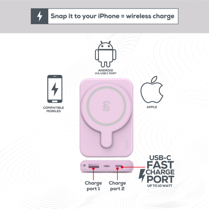 Rock Go Power Soft Pink 5000mAh Magsafe PowerBank with USB-C and USB-A ports, Provides 1 full charge