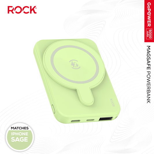 Rock Go Power Sage Green 5000mAh Magsafe PowerBank with USB-C and USB-A ports, Provides 1 full charge
