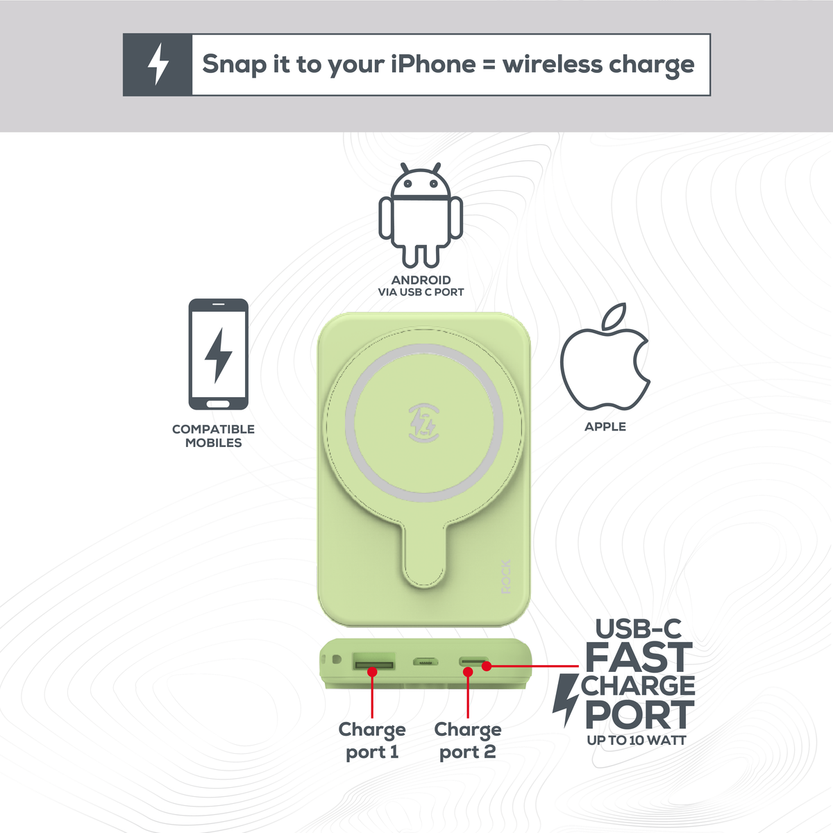 Rock Go Power Sage Green 5000mAh Magsafe PowerBank with USB-C and USB-A ports, Provides 1 full charge