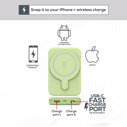 Rock Go Power Sage Green 5000mAh Magsafe PowerBank with USB-C and USB-A ports, Provides 1 full charge