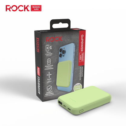 Rock Go Power Sage Green 5000mAh Magsafe PowerBank with USB-C and USB-A ports, Provides 1 full charge