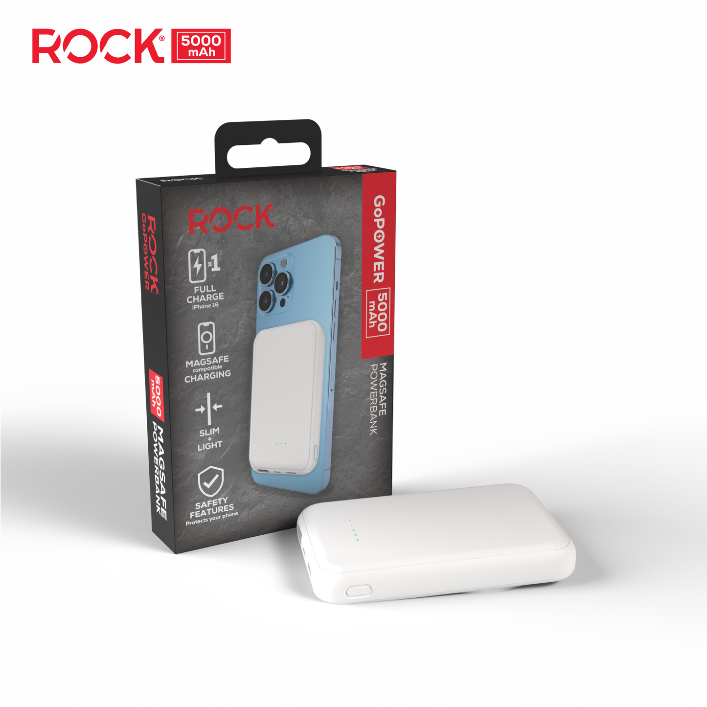 Rock Go Power MagSafe 5000 mAh Power Bank, Provides 1 full charge - White
