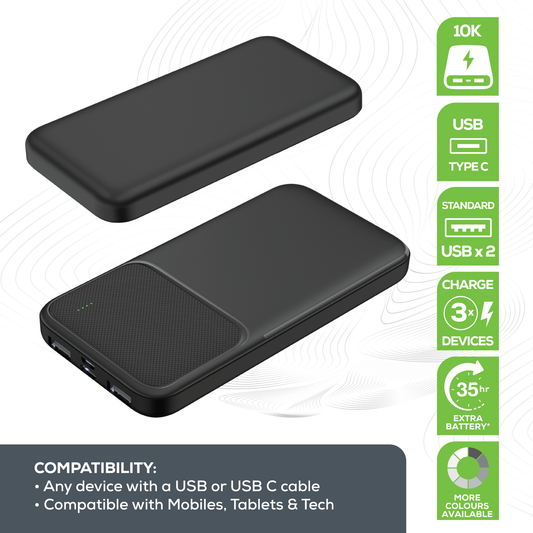 Rock’s 10000 mAh power bank provides your device with around 35 hours extra power and ensures you stay connected and charged up exactly when you need it. Compatible with Apple devices, Android devices, tech and game consoles when used with a compatible cable. Rock's power bank includes surge protection and temperature control, ensuring your devices are safeguarded. Dual USB Ports and USB C Port: Charge multiple devices simultaneously, making it perfect for sharing with friends or family.