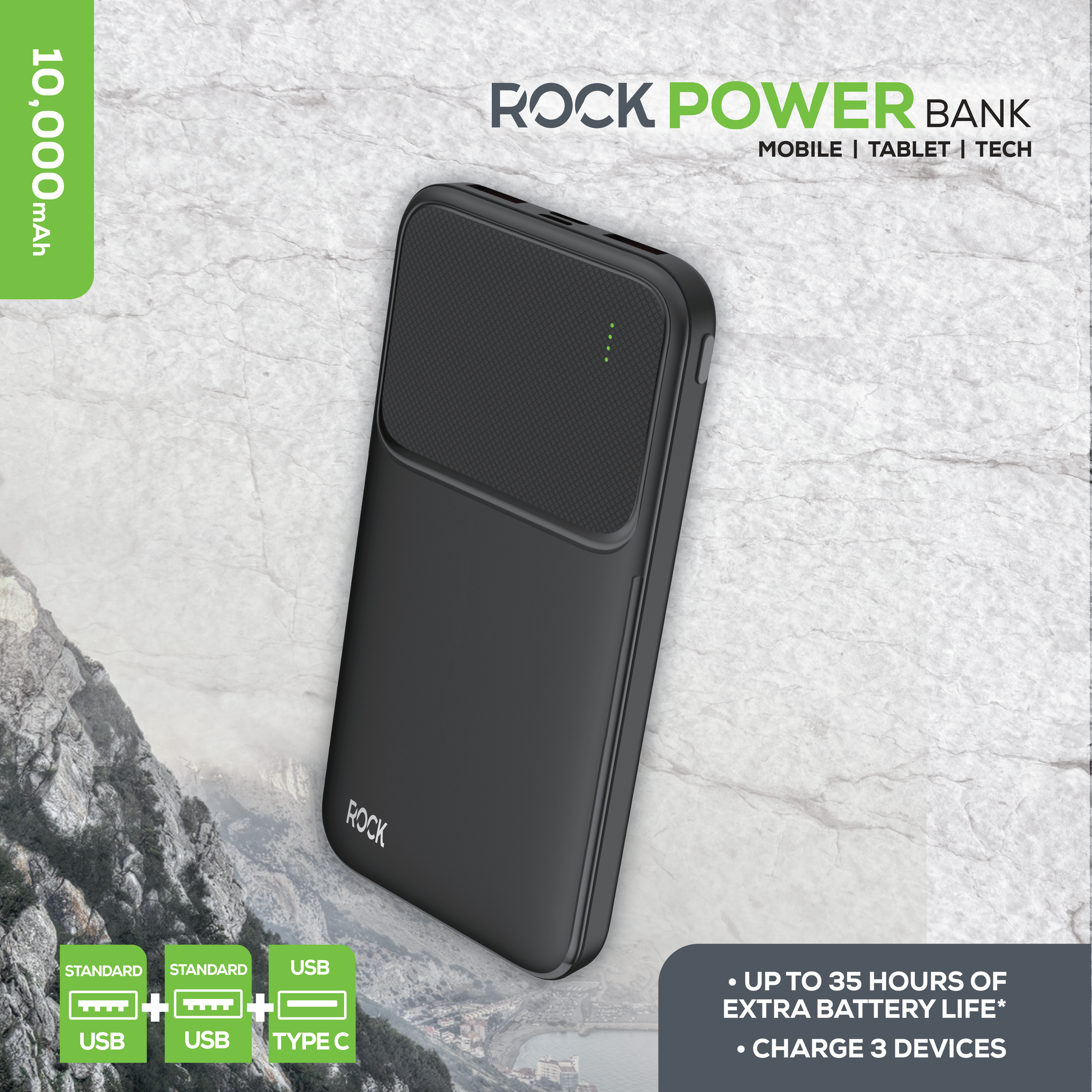 Rock’s 10000 mAh power bank provides your device with around 35 hours extra power and ensures you stay connected and charged up exactly when you need it. Compatible with Apple devices, Android devices, tech and game consoles when used with a compatible cable. Rock's power bank includes surge protection and temperature control, ensuring your devices are safeguarded. Dual USB Ports and USB C Port: Charge multiple devices simultaneously, making it perfect for sharing with friends or family.