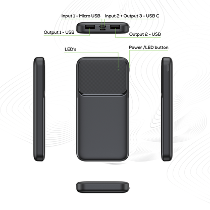 Rock’s 10000 mAh power bank provides your device with around 35 hours extra power and ensures you stay connected and charged up exactly when you need it. Compatible with Apple devices, Android devices, tech and game consoles when used with a compatible cable. Rock's power bank includes surge protection and temperature control, ensuring your devices are safeguarded. Dual USB Ports and USB C Port: Charge multiple devices simultaneously, making it perfect for sharing with friends or family.