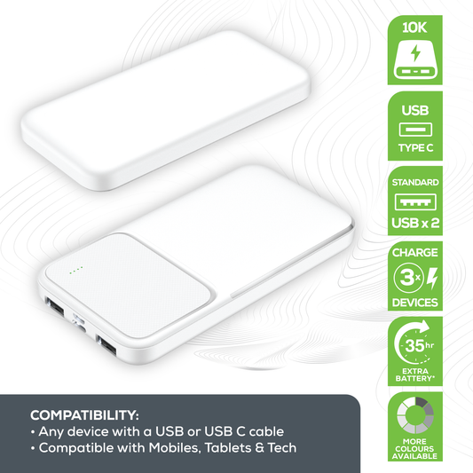 Rock’s 10000 mAh power bank provides your device with around 35 hours extra power and ensures you stay connected and charged up exactly when you need it. Compatible with Apple devices, Android devices, tech and game consoles when used with a compatible cable. Rock's power bank includes surge protection and temperature control, ensuring your devices are safeguarded. Dual USB Ports and USB C Port: Charge multiple devices simultaneously, making it perfect for sharing with friends or family.