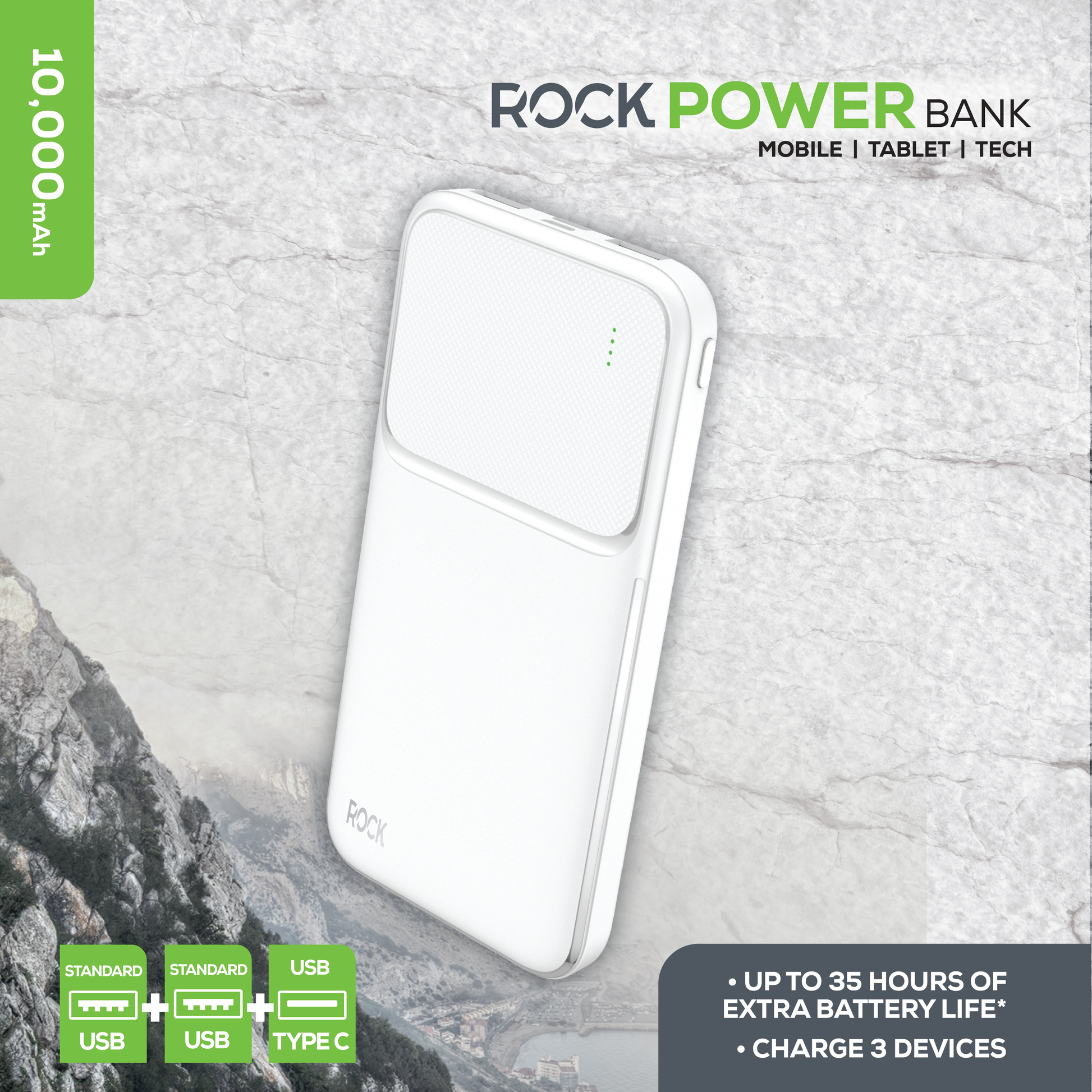 Rock’s 10000 mAh power bank provides your device with around 35 hours extra power and ensures you stay connected and charged up exactly when you need it. Compatible with Apple devices, Android devices, tech and game consoles when used with a compatible cable. Rock's power bank includes surge protection and temperature control, ensuring your devices are safeguarded. Dual USB Ports and USB C Port: Charge multiple devices simultaneously, making it perfect for sharing with friends or family.