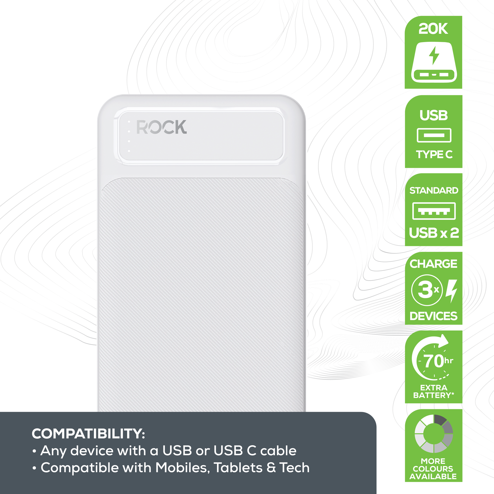 Rock’s 20000 mAh power bank provides your device with around 70 hours extra power and ensures you stay connected and charged up exactly when you need it. Compatible with Apple devices, Android devices, tech and game consoles when used with a compatible cable. Rock's power bank includes surge protection and temperature control, ensuring your devices are safeguarded. Dual USB Ports and USB C Port: Charge multiple devices simultaneously, making it perfect for sharing with friends or family.
