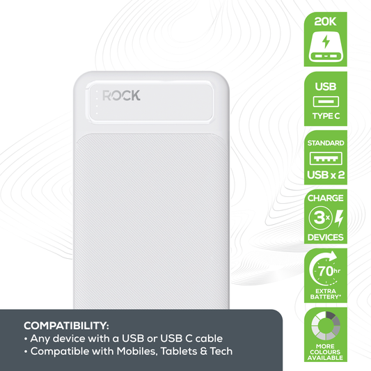 Rock’s 20000 mAh power bank provides your device with around 70 hours extra power and ensures you stay connected and charged up exactly when you need it. Compatible with Apple devices, Android devices, tech and game consoles when used with a compatible cable. Rock's power bank includes surge protection and temperature control, ensuring your devices are safeguarded. Dual USB Ports and USB C Port: Charge multiple devices simultaneously, making it perfect for sharing with friends or family.