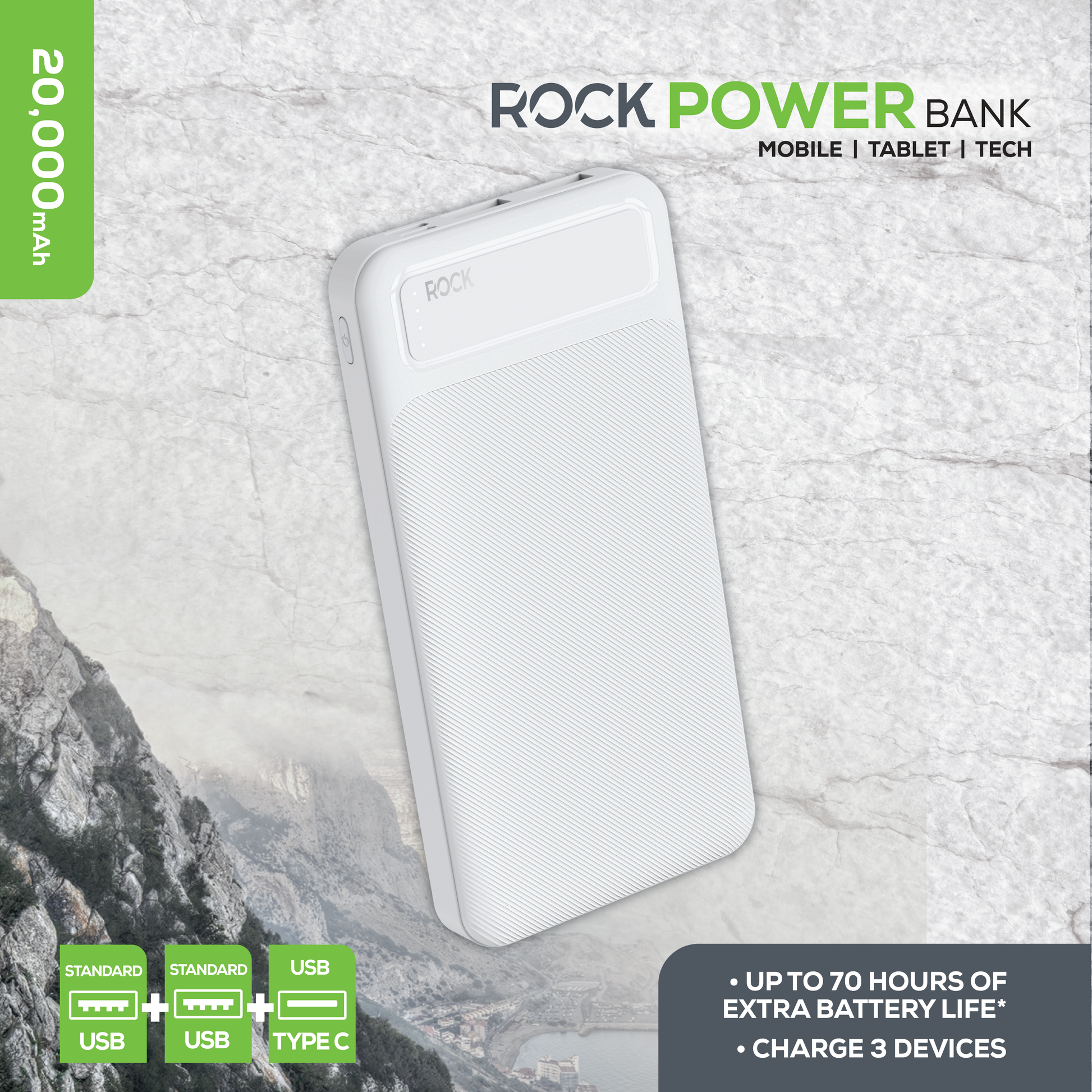 Rock’s 20000 mAh power bank provides your device with around 70 hours extra power and ensures you stay connected and charged up exactly when you need it. Compatible with Apple devices, Android devices, tech and game consoles when used with a compatible cable. Rock's power bank includes surge protection and temperature control, ensuring your devices are safeguarded. Dual USB Ports and USB C Port: Charge multiple devices simultaneously, making it perfect for sharing with friends or family.