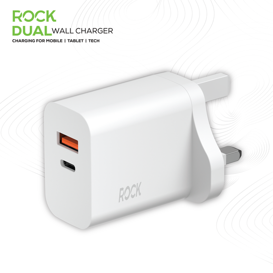 Rock 20 Watt Dual Wall Charger with USB Type C & USB Ports for your mobile accessories such as phones, tablets and gadgets
