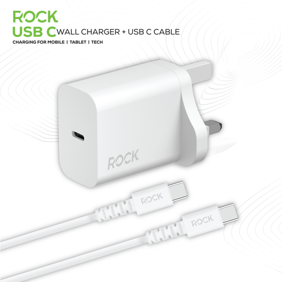 Rock 20 Watt USB Type C Wall Charger with USB Type C cable so you can connect and quickly charge your, mobile tablets and gadgets.