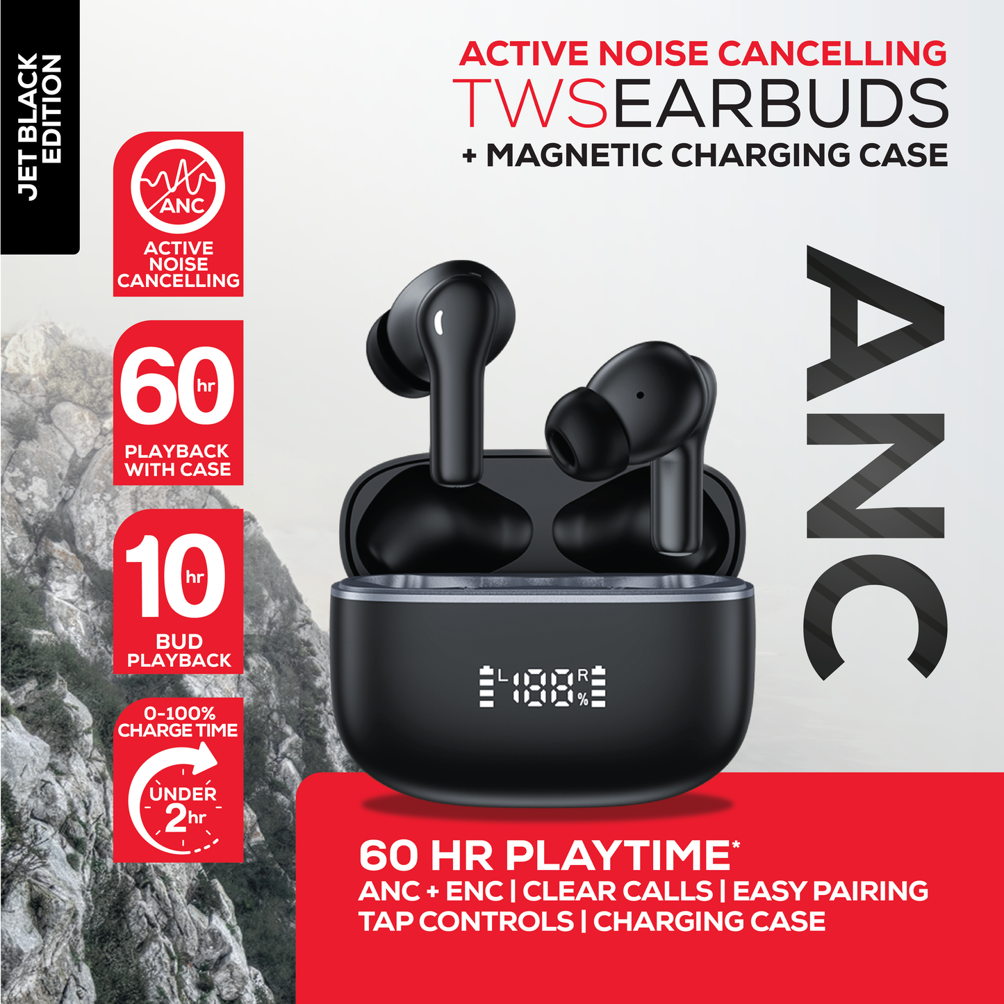 Rock’s ANC & ENC enabled earphones. Compatible with Apple & Android devices.  Comfort-fit earbuds with sensitive touch controls on the buds enabling forward, rewind, volume, call answering and Siri/Google Assistant control. 10m range, Bluetooth V5.3 for better connectivity.  Call answering enabled.  Superior audio quality delivering crystal clear sound. USB C charging port 