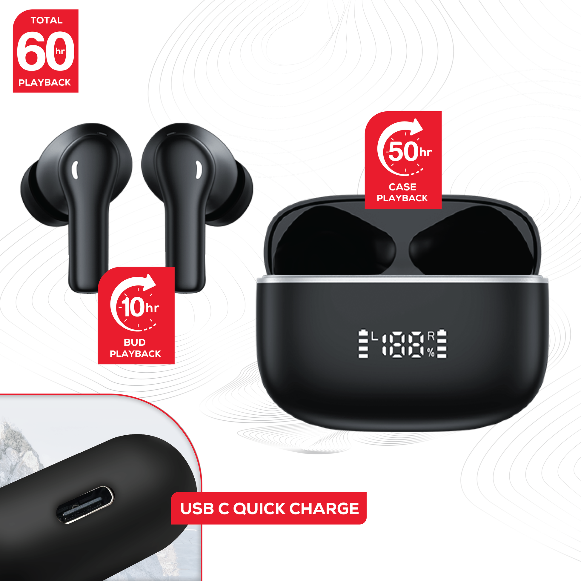 Rock’s ANC & ENC enabled earphones. Compatible with Apple & Android devices.  Comfort-fit earbuds with sensitive touch controls on the buds enabling forward, rewind, volume, call answering and Siri/Google Assistant control. 10m range, Bluetooth V5.3 for better connectivity.  Call answering enabled.  Superior audio quality delivering crystal clear sound. USB C charging port 