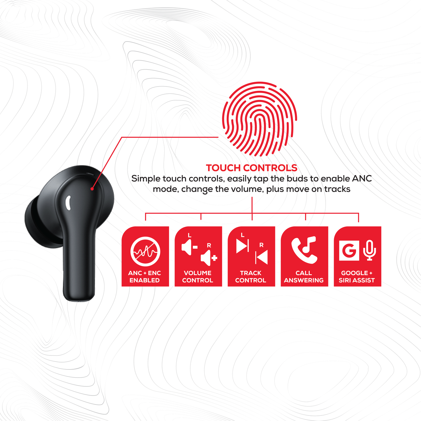 Rock’s ANC & ENC enabled earphones. Compatible with Apple & Android devices.  Comfort-fit earbuds with sensitive touch controls on the buds enabling forward, rewind, volume, call answering and Siri/Google Assistant control. 10m range, Bluetooth V5.3 for better connectivity.  Call answering enabled.  Superior audio quality delivering crystal clear sound. USB C charging port 