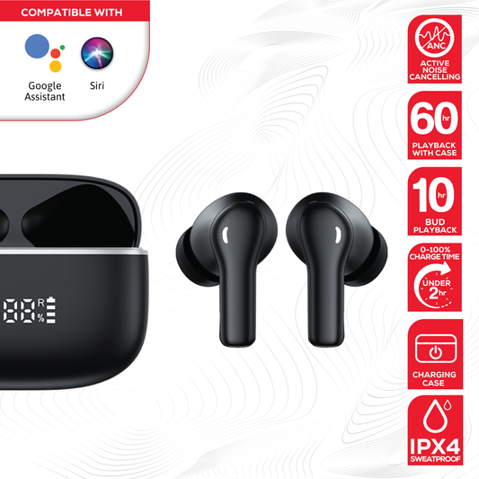 Rock’s ANC & ENC enabled earphones. Compatible with Apple & Android devices.  Comfort-fit earbuds with sensitive touch controls on the buds enabling forward, rewind, volume, call answering and Siri/Google Assistant control. 10m range, Bluetooth V5.3 for better connectivity.  Call answering enabled.  Superior audio quality delivering crystal clear sound. USB C charging port 
