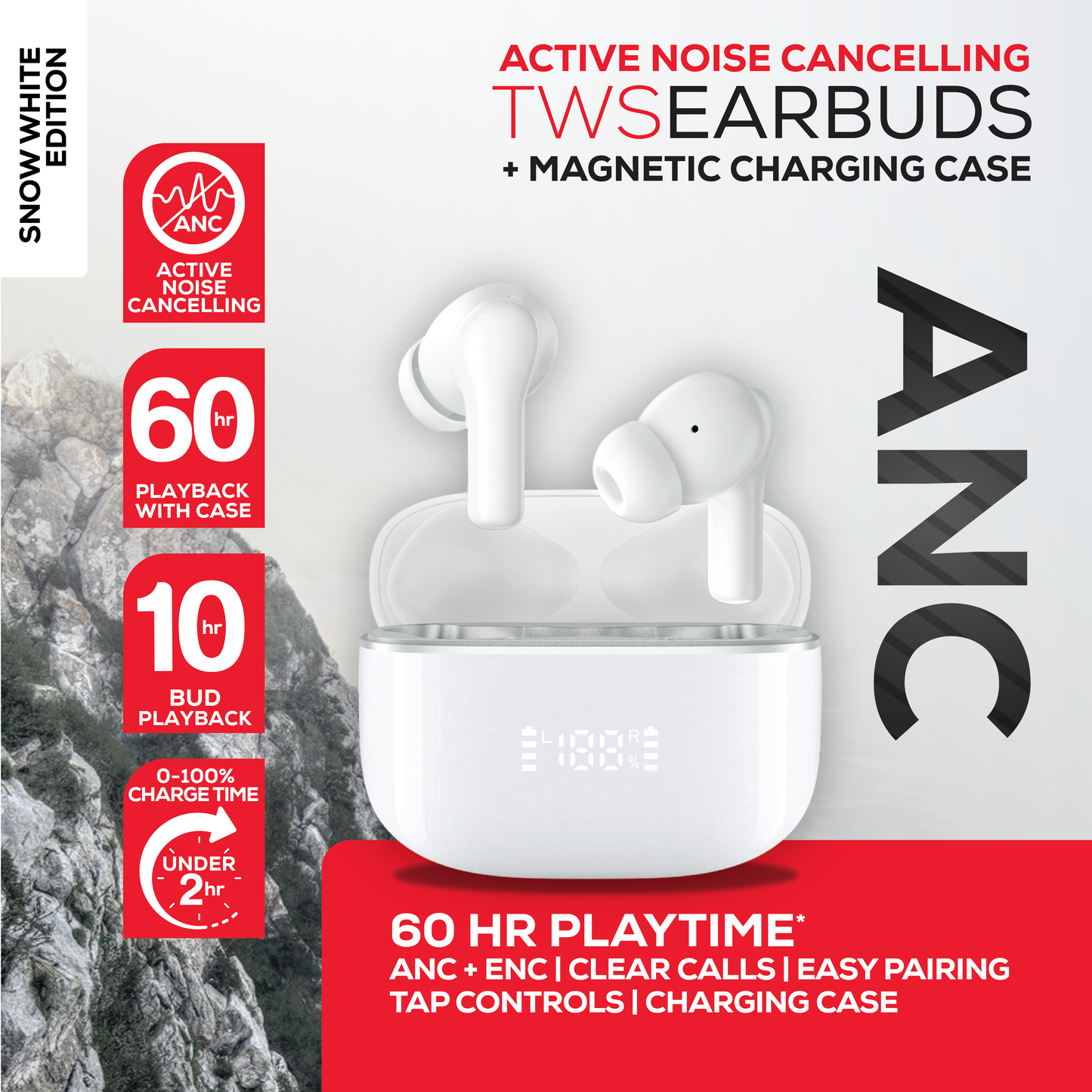 Rock’s ANC & ENC enabled earphones. Compatible with Apple & Android devices.  Comfort-fit earbuds with sensitive touch controls on the buds enabling forward, rewind, volume, call answering and Siri/Google Assistant control. 10m range, Bluetooth V5.3 for better connectivity.  Call answering enabled.  Superior audio quality delivering crystal clear sound. USB C charging port 