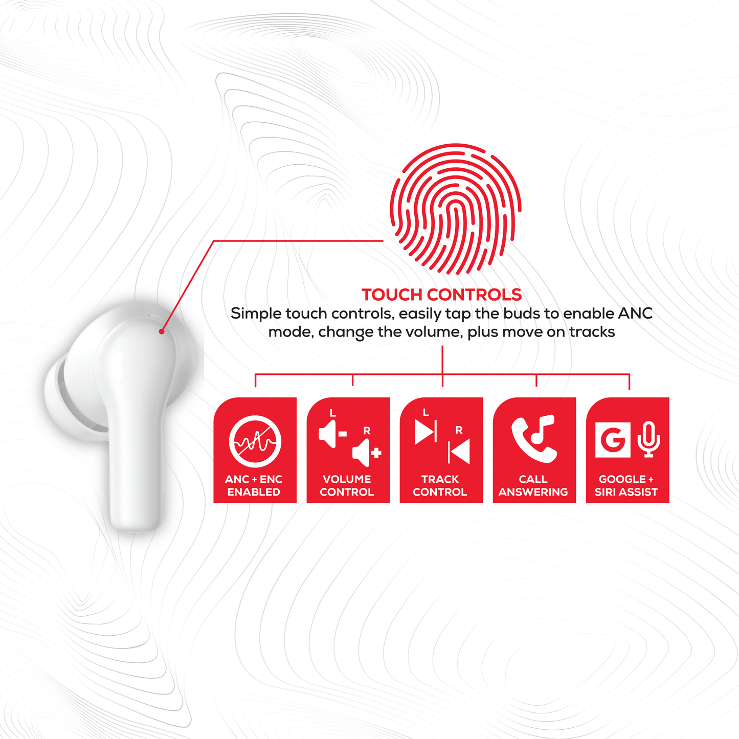 Rock’s ANC & ENC enabled earphones. Compatible with Apple & Android devices.  Comfort-fit earbuds with sensitive touch controls on the buds enabling forward, rewind, volume, call answering and Siri/Google Assistant control. 10m range, Bluetooth V5.3 for better connectivity.  Call answering enabled.  Superior audio quality delivering crystal clear sound. USB C charging port 