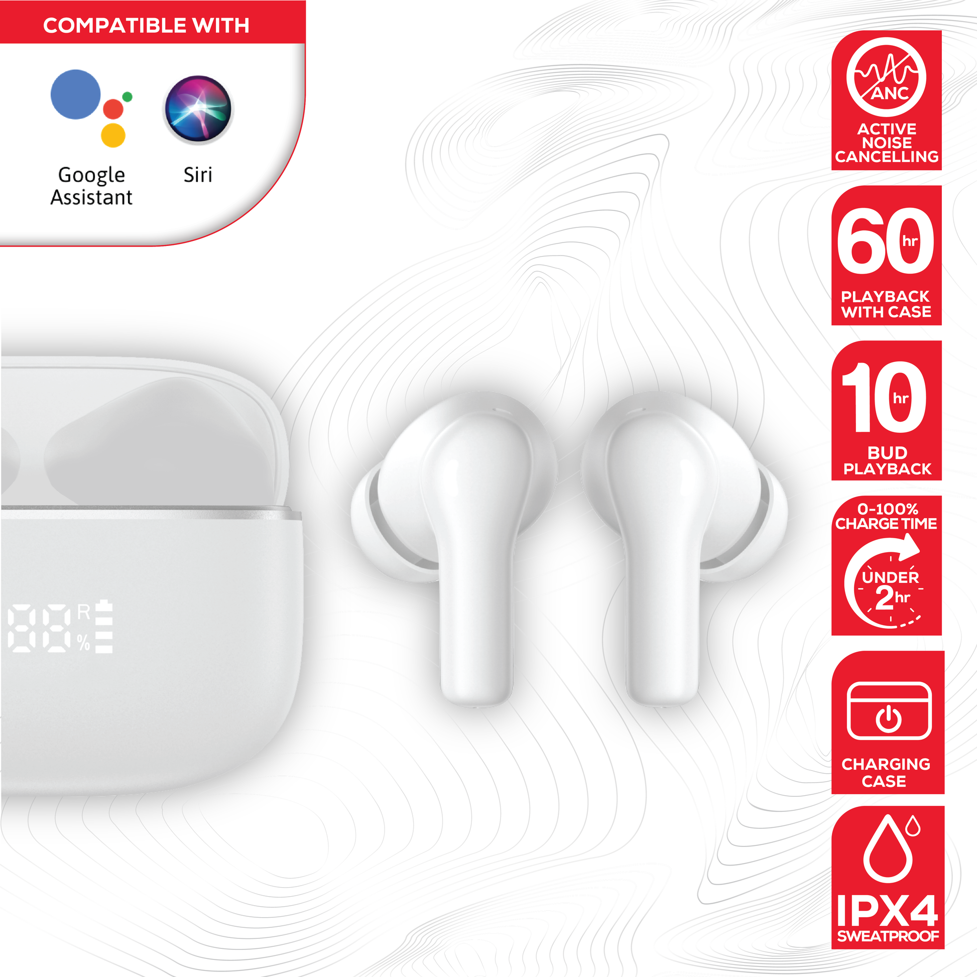 Rock’s ANC & ENC enabled earphones. Compatible with Apple & Android devices.  Comfort-fit earbuds with sensitive touch controls on the buds enabling forward, rewind, volume, call answering and Siri/Google Assistant control. 10m range, Bluetooth V5.3 for better connectivity.  Call answering enabled.  Superior audio quality delivering crystal clear sound. USB C charging port 