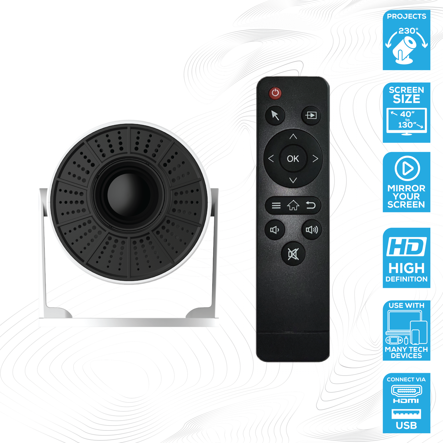 High Definition Rock Drive-In Projector. Small and portable, only 10cm x 19cm. Screen size: 40” to 130”. Multi angle projection of 230°. Projection distance: 0.9m - 4.2m .Connect to your Android, Apple or device via USB or HDMI . Connect to streaming apps. In-built 3 Watt speaker . Mirrors laptops, mobiles, tablets and more. Supports high definition playback: 1280 x 720p. Decodes 1080p . High performance chip: Hi 3101 (Dual Core 32-bit). Supports HDMI, USB & 3.5mm Aux port. Input: AC 100-240V
