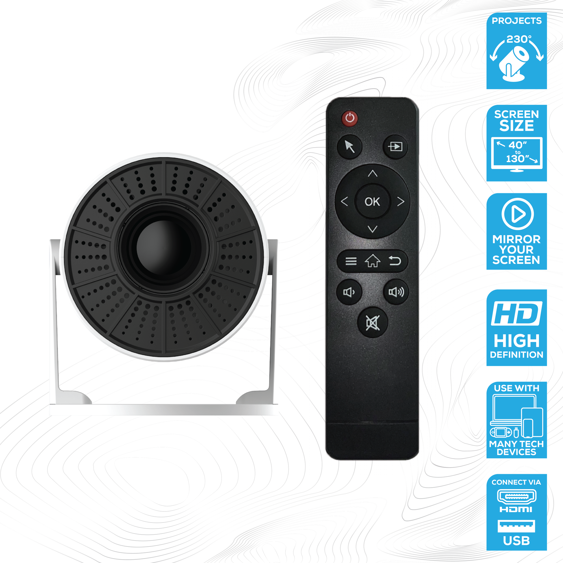High Definition Rock Drive-In Projector. Small and portable, only 10cm x 19cm. Screen size: 40” to 130”. Multi angle projection of 230°. Projection distance: 0.9m - 4.2m .Connect to your Android, Apple or device via USB or HDMI . Connect to streaming apps. In-built 3 Watt speaker . Mirrors laptops, mobiles, tablets and more. Supports high definition playback: 1280 x 720p. Decodes 1080p . High performance chip: Hi 3101 (Dual Core 32-bit). Supports HDMI, USB & 3.5mm Aux port. Input: AC 100-240V
