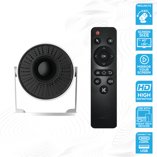 High Definition Rock Drive-In Projector. Small and portable, only 10cm x 19cm. Screen size: 40” to 130”. Multi angle projection of 230°. Projection distance: 0.9m - 4.2m .Connect to your Android, Apple or device via USB or HDMI . Connect to streaming apps. In-built 3 Watt speaker . Mirrors laptops, mobiles, tablets and more. Supports high definition playback: 1280 x 720p. Decodes 1080p . High performance chip: Hi 3101 (Dual Core 32-bit). Supports HDMI, USB & 3.5mm Aux port. Input: AC 100-240V
