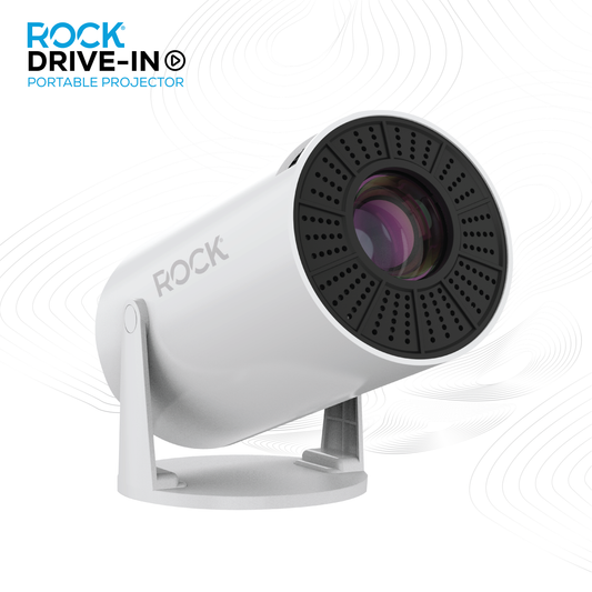 High Definition Rock Drive-In Projector. Small and portable, only 10cm x 19cm. Screen size: 40” to 130”. Multi angle projection of 230°. Projection distance: 0.9m - 4.2m .Connect to your Android, Apple or device via USB or HDMI . Connect to streaming apps. In-built 3 Watt speaker . Mirrors laptops, mobiles, tablets and more. Supports high definition playback: 1280 x 720p. Decodes 1080p . High performance chip: Hi 3101 (Dual Core 32-bit). Supports HDMI, USB & 3.5mm Aux port. Input: AC 100-240V
