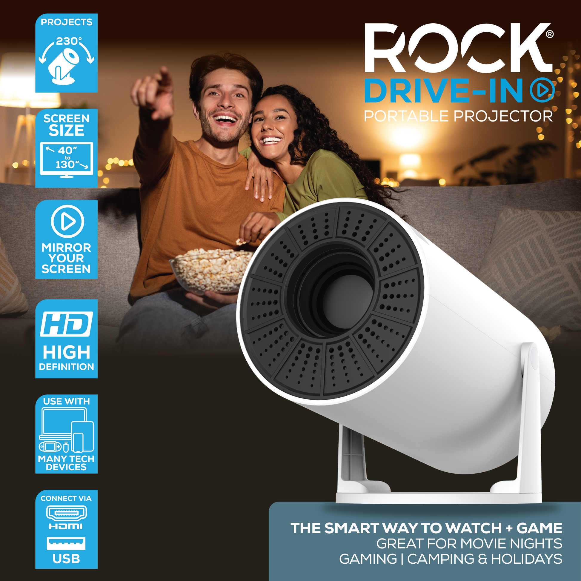 High Definition Rock Drive-In Projector. Small and portable, only 10cm x 19cm. Screen size: 40” to 130”. Multi angle projection of 230°. Projection distance: 0.9m - 4.2m .Connect to your Android, Apple or device via USB or HDMI . Connect to streaming apps. In-built 3 Watt speaker . Mirrors laptops, mobiles, tablets and more. Supports high definition playback: 1280 x 720p. Decodes 1080p . High performance chip: Hi 3101 (Dual Core 32-bit). Supports HDMI, USB & 3.5mm Aux port. Input: AC 100-240V