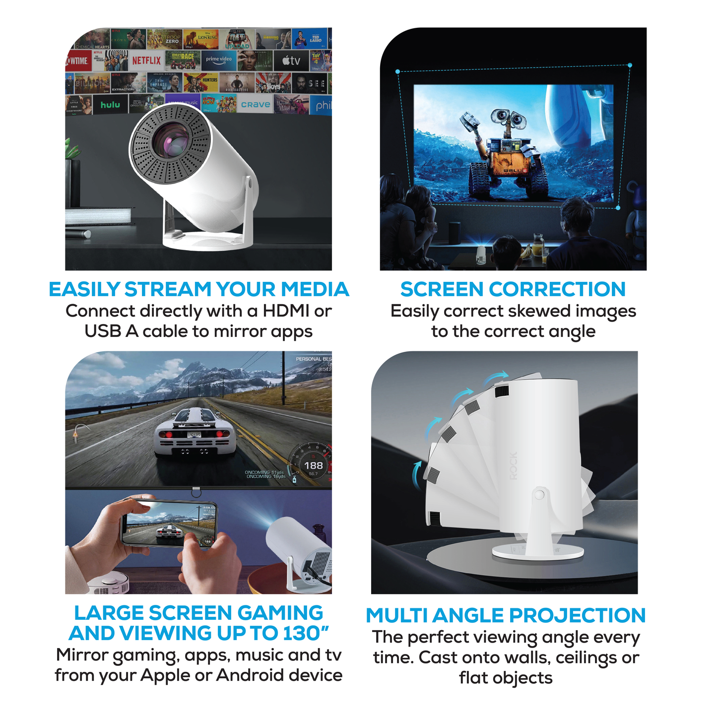 High Definition Rock Drive-In Projector. Small and portable, only 10cm x 19cm. Screen size: 40” to 130”. Multi angle projection of 230°. Projection distance: 0.9m - 4.2m .Connect to your Android, Apple or device via USB or HDMI . Connect to streaming apps. In-built 3 Watt speaker . Mirrors laptops, mobiles, tablets and more. Supports high definition playback: 1280 x 720p. Decodes 1080p . High performance chip: Hi 3101 (Dual Core 32-bit). Supports HDMI, USB & 3.5mm Aux port. Input: AC 100-240V