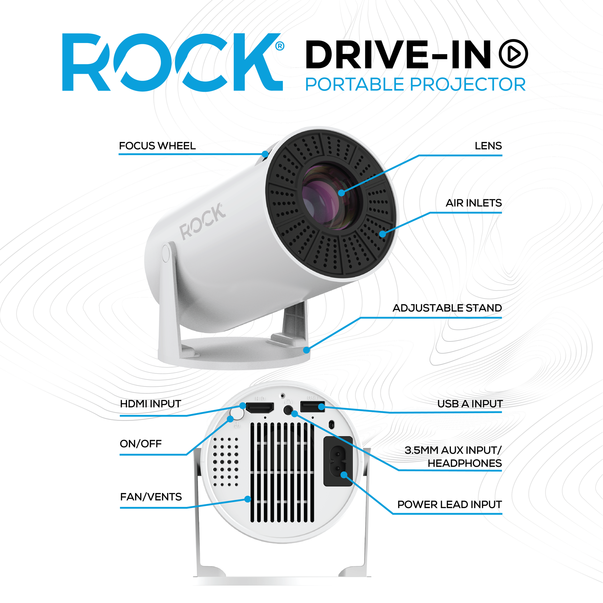 High Definition Rock Drive-In Projector. Small and portable, only 10cm x 19cm. Screen size: 40” to 130”. Multi angle projection of 230°. Projection distance: 0.9m - 4.2m .Connect to your Android, Apple or device via USB or HDMI . Connect to streaming apps. In-built 3 Watt speaker . Mirrors laptops, mobiles, tablets and more. Supports high definition playback: 1280 x 720p. Decodes 1080p . High performance chip: Hi 3101 (Dual Core 32-bit). Supports HDMI, USB & 3.5mm Aux port. Input: AC 100-240V