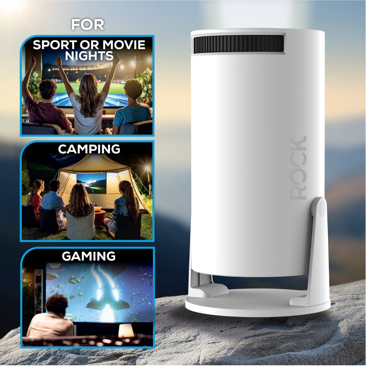 High Definition Rock Drive-In Projector. Small and portable, only 10cm x 19cm. Screen size: 40” to 130”. Multi angle projection of 230°. Projection distance: 0.9m - 4.2m .Connect to your Android, Apple or device via USB or HDMI . Connect to streaming apps. In-built 3 Watt speaker . Mirrors laptops, mobiles, tablets and more. Supports high definition playback: 1280 x 720p. Decodes 1080p . High performance chip: Hi 3101 (Dual Core 32-bit). Supports HDMI, USB & 3.5mm Aux port. Input: AC 100-240V