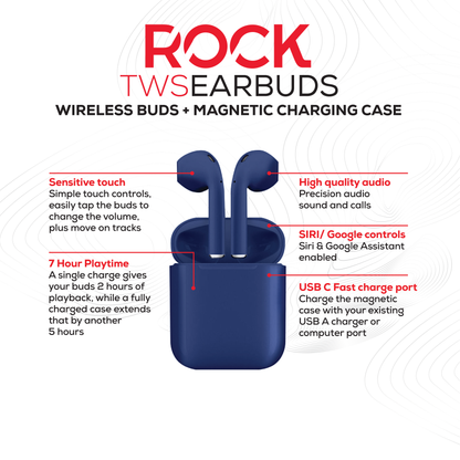 Rock’s TWS earphones offer around 7 hours of playback using the buds + the charging case. Compatible with Apple & Android devices. Comfort-fit earbuds. Sensitive touch controls on the buds enabling forward, rewind, volume, call answering and Siri/Google Assistant control. 10m range. Bluetooth V5.0 for better connectivity.  Call answering enabled. Superior audio quality delivers crystal clear sound. USB Type C charging port 