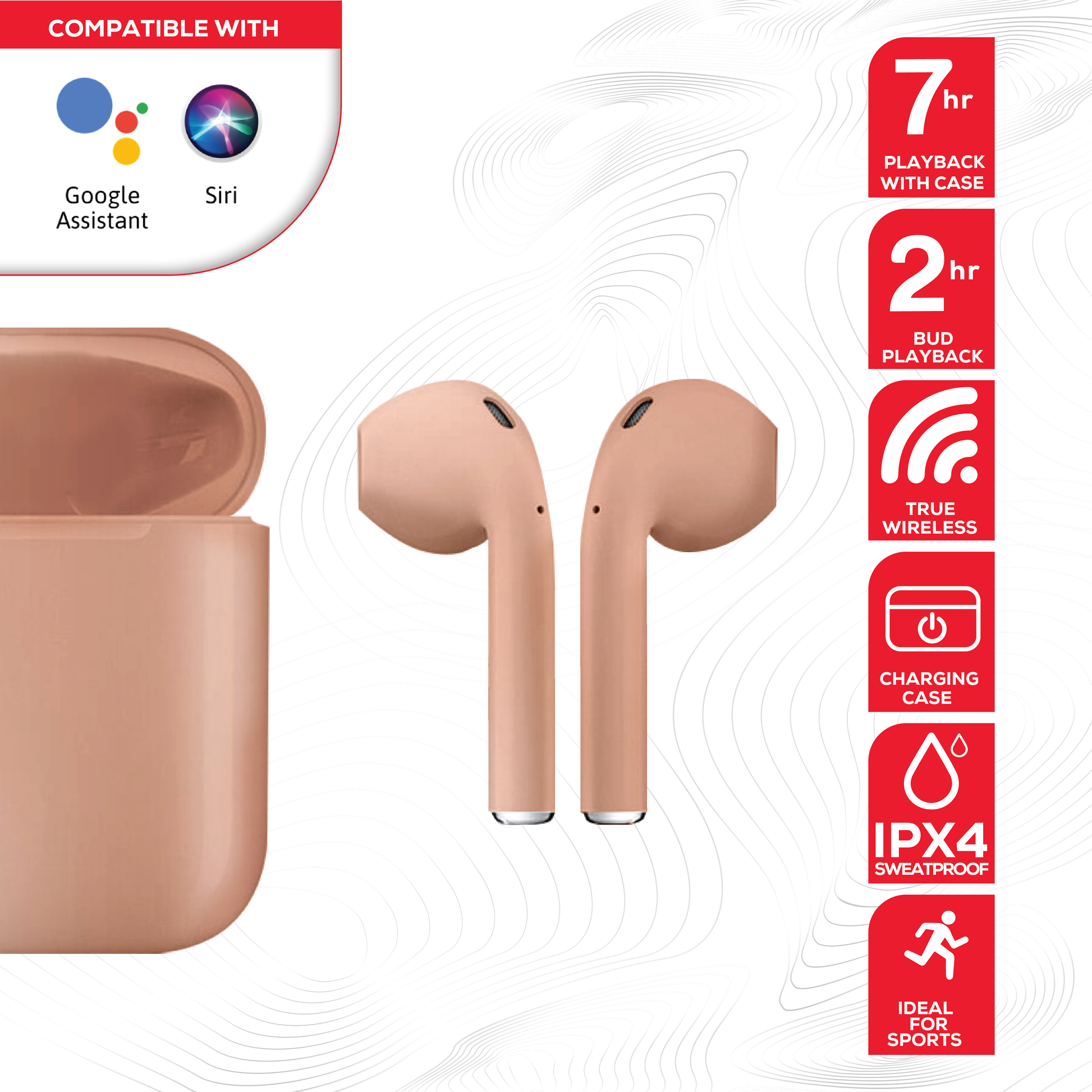 Rock’s TWS earphones offer around 7 hours of playback using the buds + the charging case. Compatible with Apple & Android devices. Comfort-fit earbuds. Sensitive touch controls on the buds enabling forward, rewind, volume, call answering and Siri/Google Assistant control. 10m range. Bluetooth V5.0 for better connectivity.  Call answering enabled. Superior audio quality delivers crystal clear sound. USB Type C charging port 
