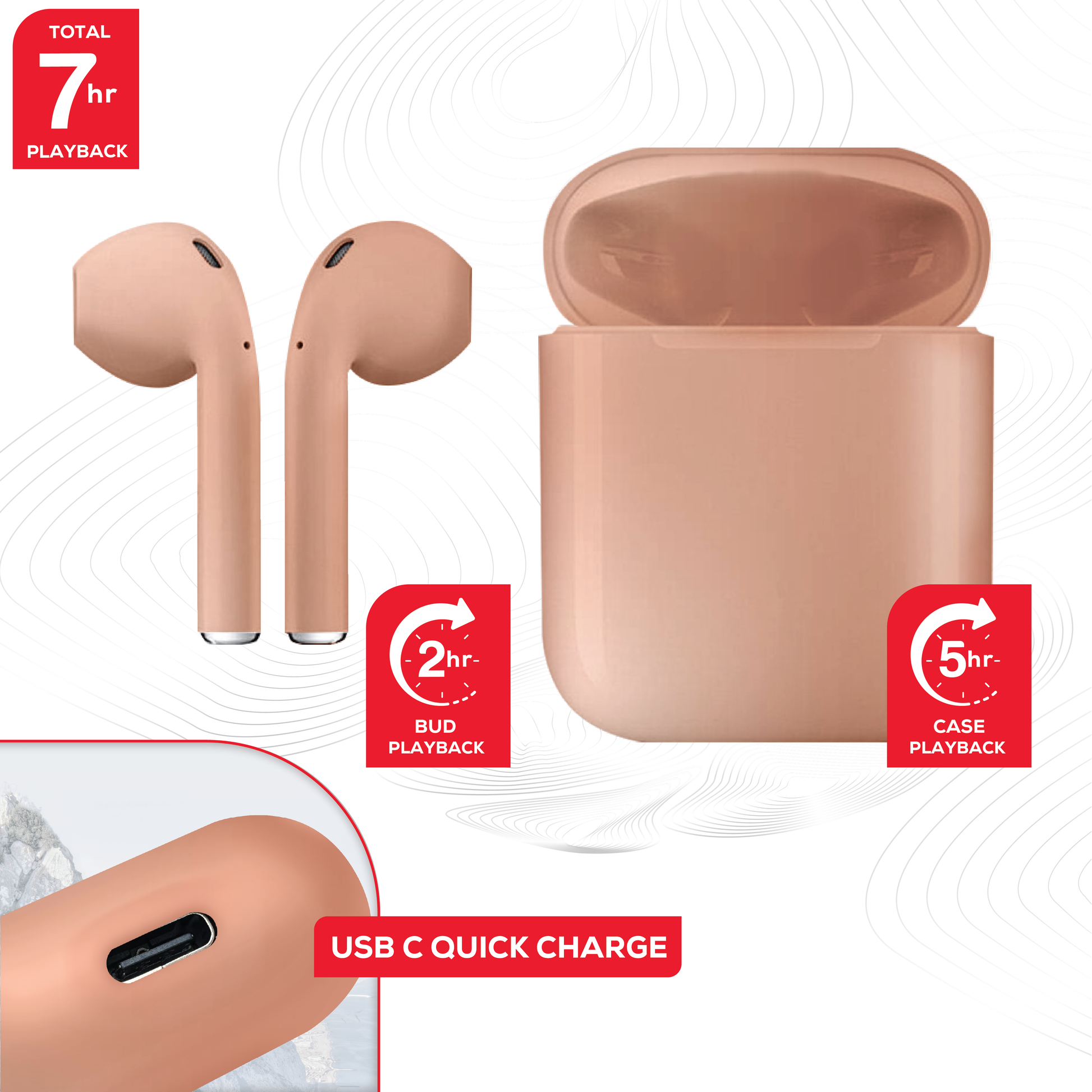 Rock’s TWS earphones offer around 7 hours of playback using the buds + the charging case. Compatible with Apple & Android devices. Comfort-fit earbuds. Sensitive touch controls on the buds enabling forward, rewind, volume, call answering and Siri/Google Assistant control. 10m range. Bluetooth V5.0 for better connectivity.  Call answering enabled. Superior audio quality delivers crystal clear sound. USB Type C charging port 