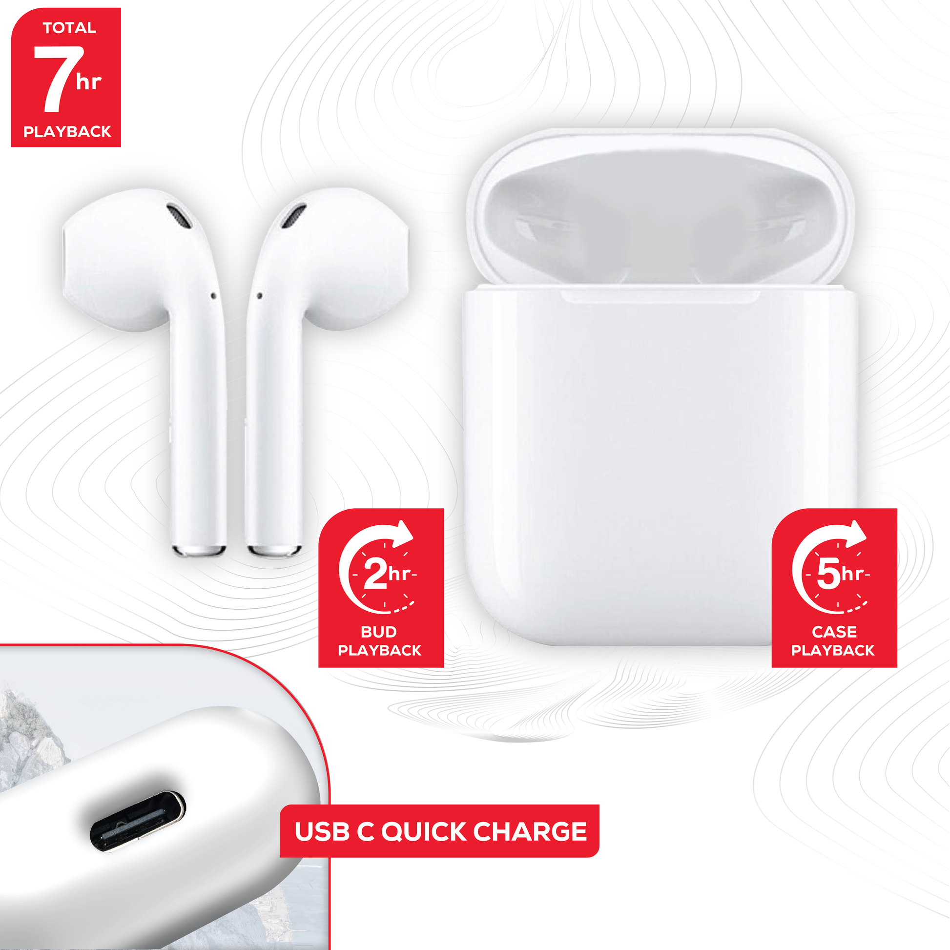 Rock’s TWS earphones offer around 7 hours of playback using the buds + the charging case. Compatible with Apple & Android devices. Comfort-fit earbuds. Sensitive touch controls on the buds enabling forward, rewind, volume, call answering and Siri/Google Assistant control. 10m range. Bluetooth V5.0 for better connectivity.  Call answering enabled. Superior audio quality delivers crystal clear sound. USB Type C charging port 