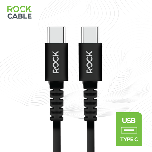Rock's black 1 metre USB Type C to USB Type C charge and sync cable for all USB C devices. Compatible with Apple devices, Samsung devices, Google devices, Huawei devices, LG devices , Tablets, Laptops &  Game Consoles with a Type C connection. 15 Watt fast charge enabled with a durable reinforced connector.