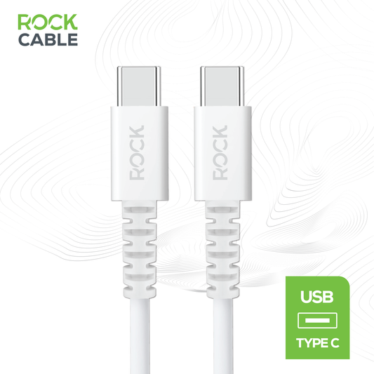 Rock's white 1 metre USB C to USB C charge and sync cable for all USB C devices. Compatible with Apple devices, Samsung devices, Google devices, Huawei devices, LG devices , Tablets, Laptops &  Game Consoles with a Type C connection. 15 Watt fast charge enabled with durable reinforced connector.