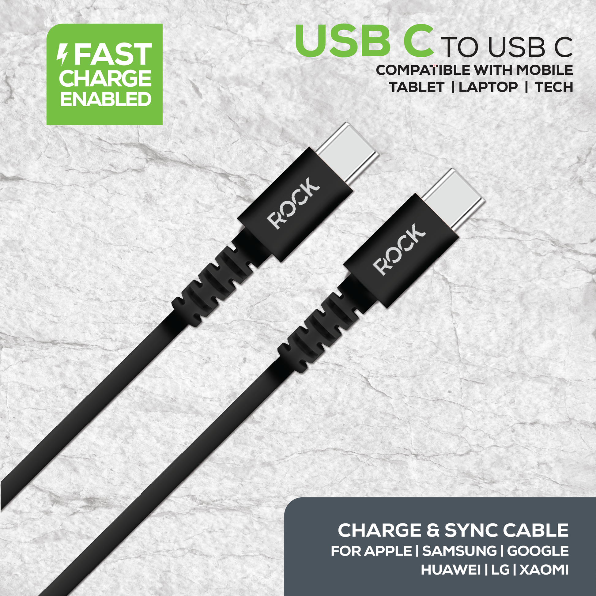 Rock's black 1 metre USB C to USB C charge and sync cable for all USB C devices. Compatible with Apple devices, Samsung devices, Google devices, Huawei devices, LG devices, Tablets, Laptops &  Game Consoles with a Type C connection. 15 Watt fast charge enabled with durable reinforced connector.