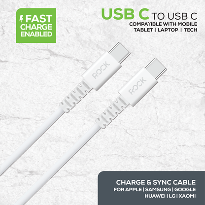 Rock's white 1 metre USB C to USB C charge and sync cable for all USB C devices. Compatible with Apple devices, Samsung devices, Google devices, Huawei devices, LG devices , Tablets, Laptops &  Game Consoles with a Type C connection. 15 Watt fast charge enabled with durable reinforced connector.