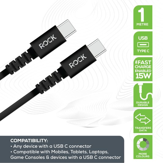 Rock's black 1 metre USB Type C to USB Type C charge and sync cable for all USB C devices. Compatible with Mobiles, Tablets, Laptops &  Game Consoles. 15 Watt fast charge enabled with a durable reinforced connector.