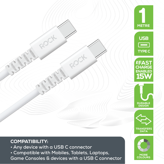 Rock's white 1 metre USB C to USB C charge and sync cable for all USB C devices. Compatible with Mobiles, Tablets, Laptops &  Game Consoles. 15 Watt fast charge enabled with durable reinforced connector.