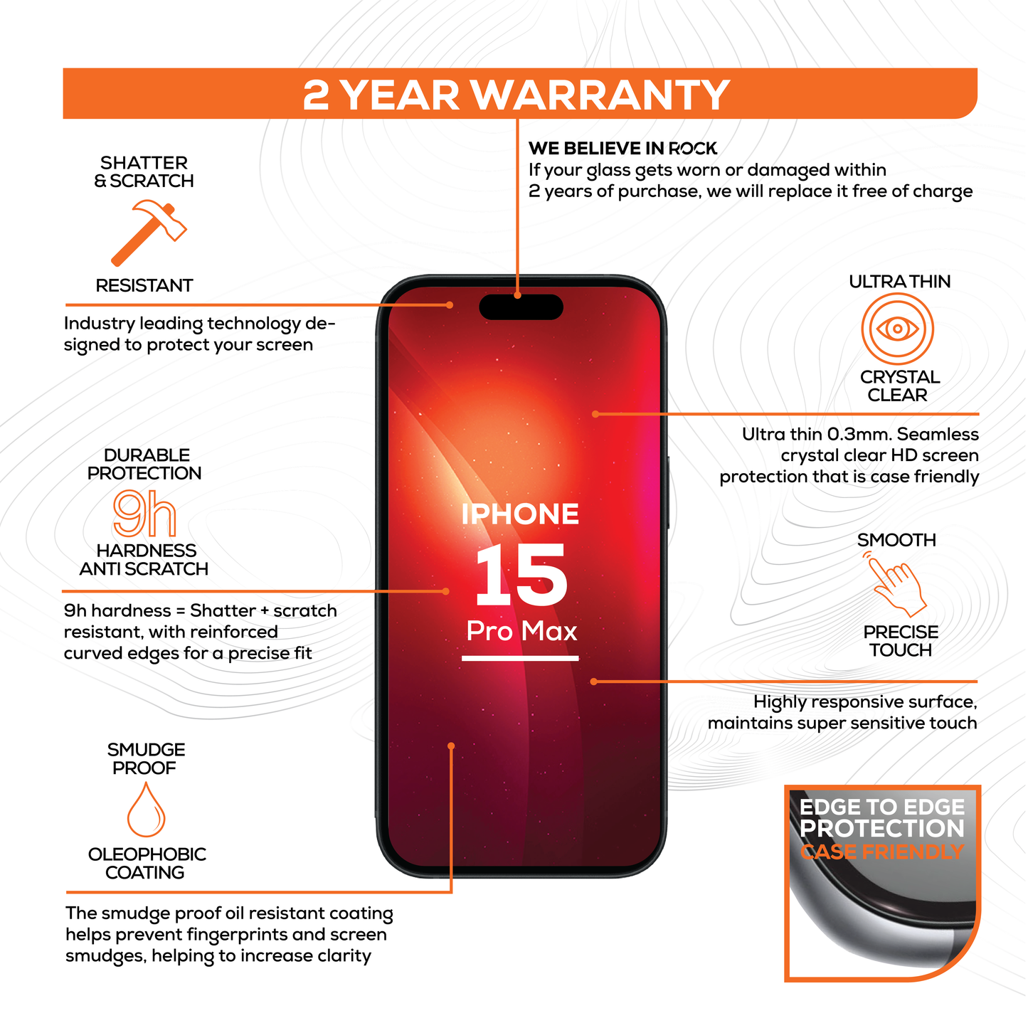 Rock Tempered Glass Screen Protection For iPhone 15 Pro Max