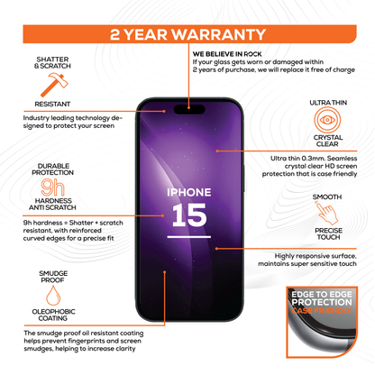 Rock Tempered Glass Screen Protection For iPhone 15