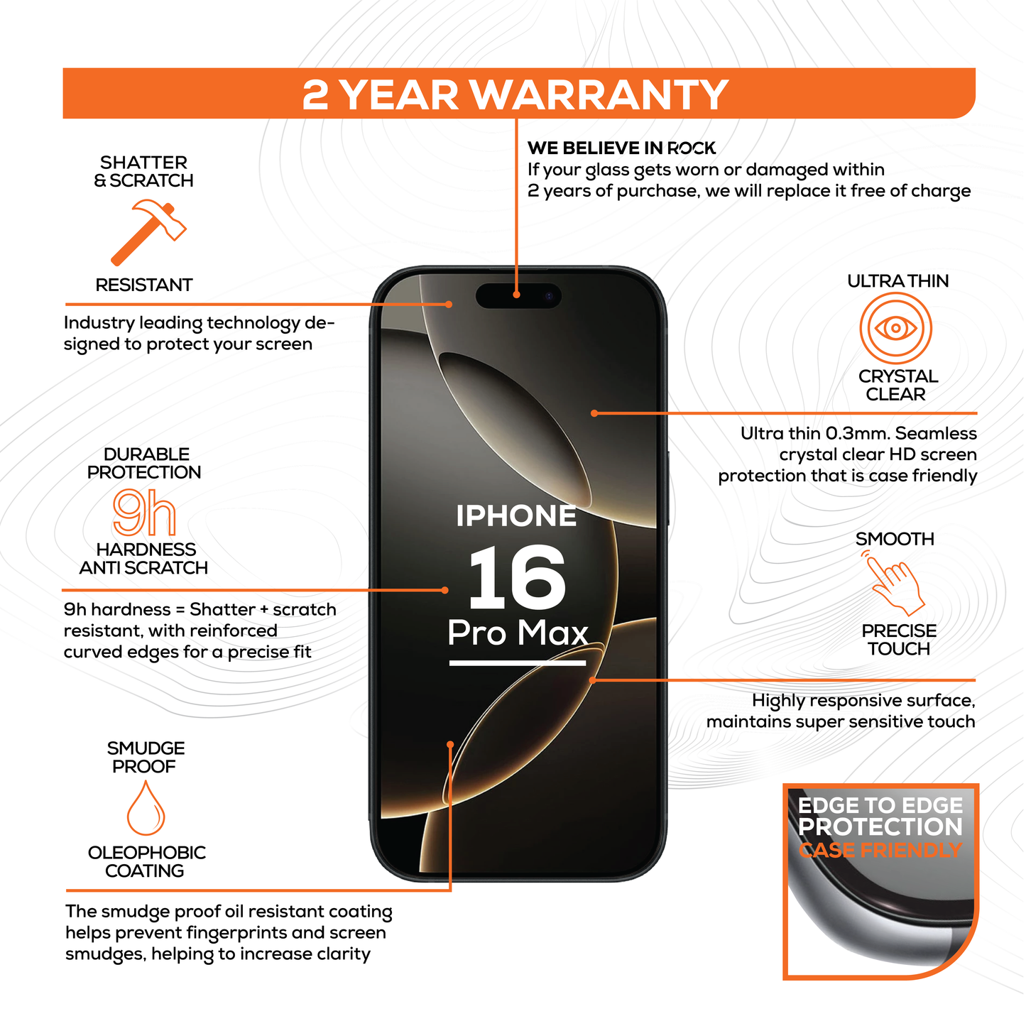 Rock Tempered Glass Screen Protection For iPhone 16 Pro Max