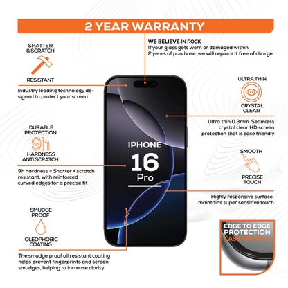 Rock Tempered Glass Screen Protection For iPhone 16 Pro