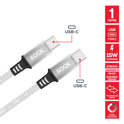 Rock Go Power 1 Metre Braided USB-C to USB-C Charge & Sync Cable, 15W White