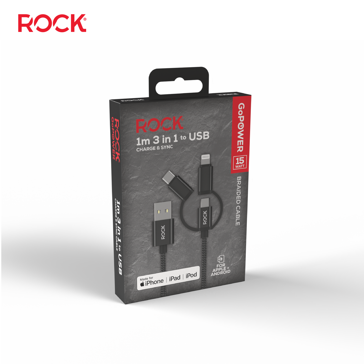 Rock Go Power Braided 1 Metre 3-in-1 Charging Cable - Black