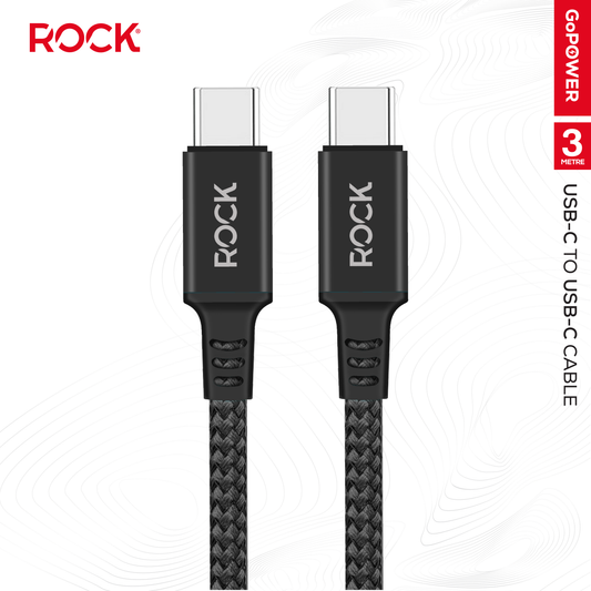 Rock Go Power 3 Metre Braided USB-C to USB-C Charge & Sync Cable, 15W Black