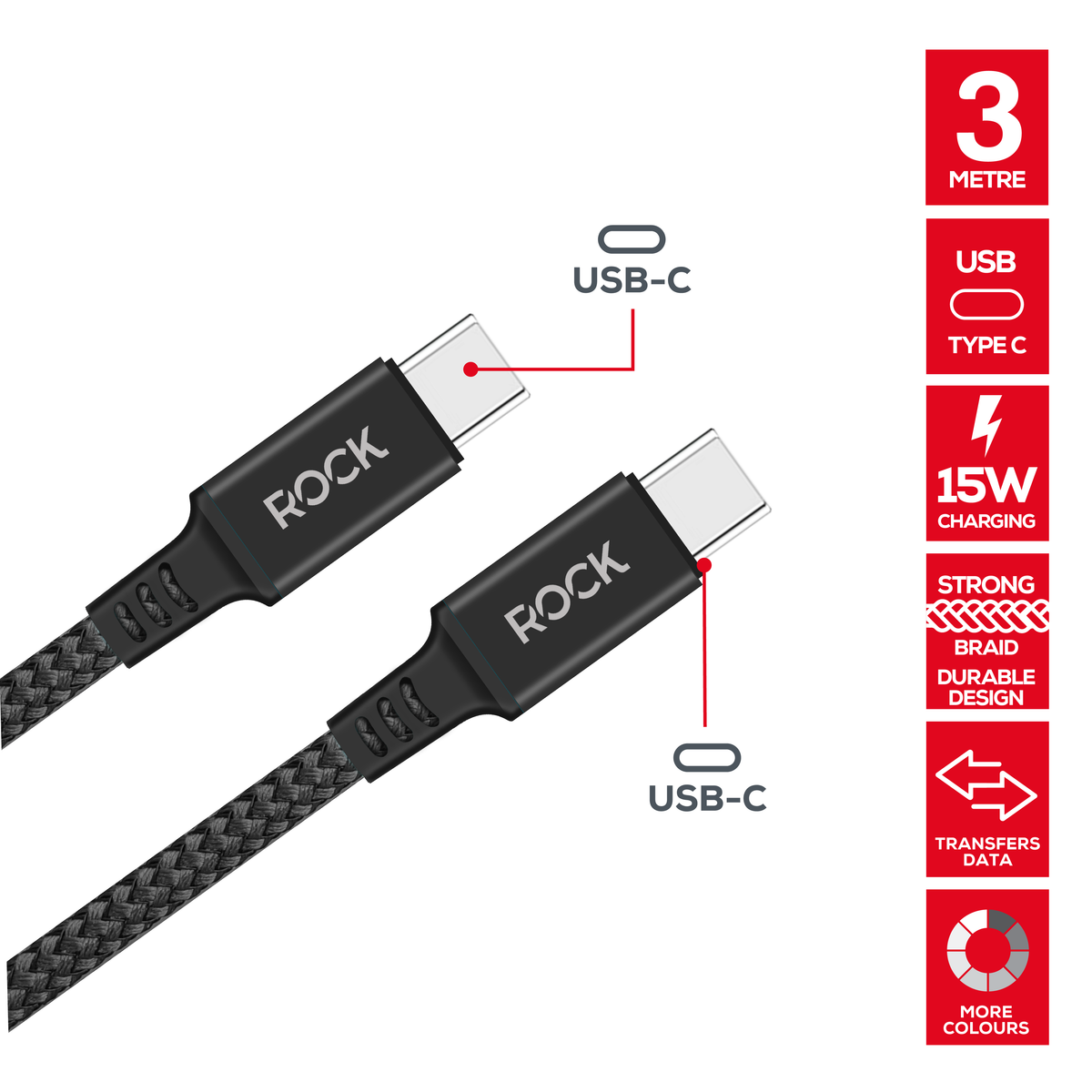 Rock Go Power 3 Metre Braided USB-C to USB-C Charge & Sync Cable, 15W Black
